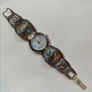Silver Tone Western Women's Watch with Turquoise and Coral Accents